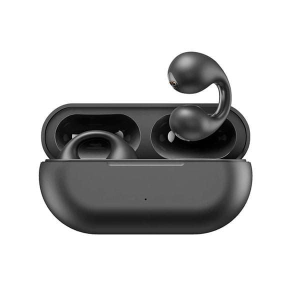 Black noise cancelling earbuds side angle