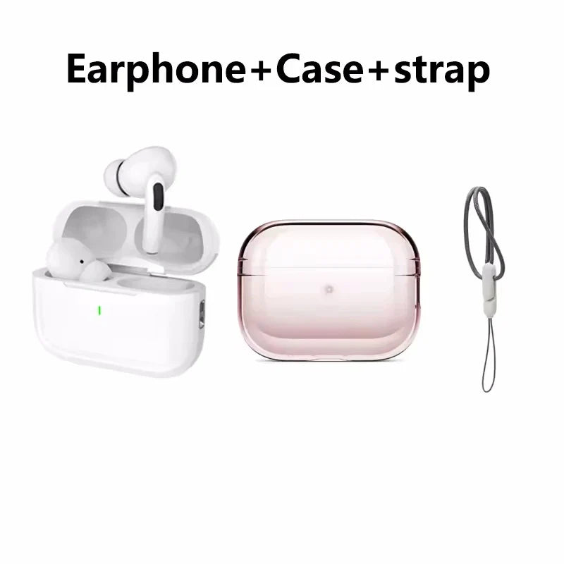 Wireless earphones with charging case, pink protective cover, and gray strap set