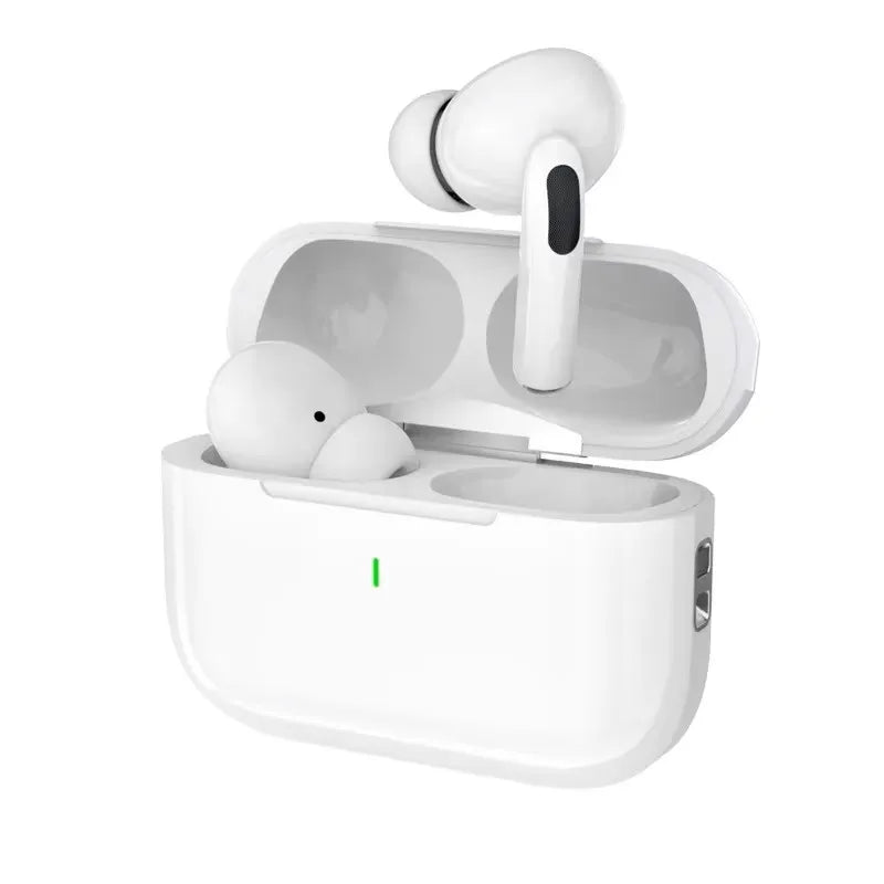 Wireless white earbuds in open charging case, khadim.shop electronics accessory