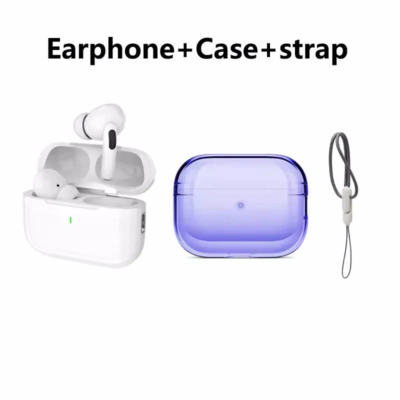 Wireless earphones with charging case, purple protective case, and strap from khadim.shop