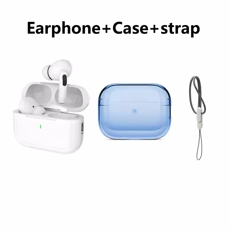 Wireless earphones with charging case, blue protective case, and black strap bundle from khadim.shop
