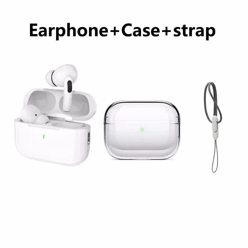 Wireless earbuds with charging case and strap set on white background, khadim.shop electronics accessory