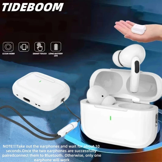 White wireless earbuds with charging case, lanyard, and touch controls, branded TIDEBOOM.